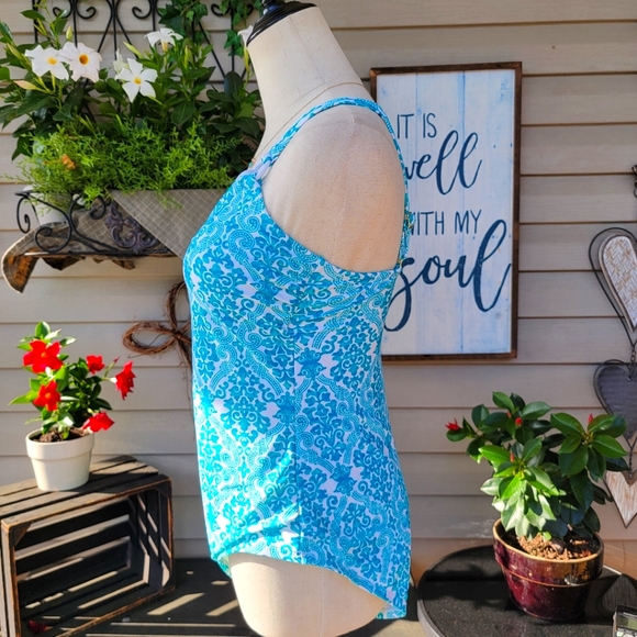CATALINA ♡ Gorgeous 1pc Aqua Blue 'n White Padded Bralette Swimsuit L (12-14) - Picture 5 of 17